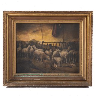 I. Dorn. Sheep Watering in a Barn, Oil on Canvas