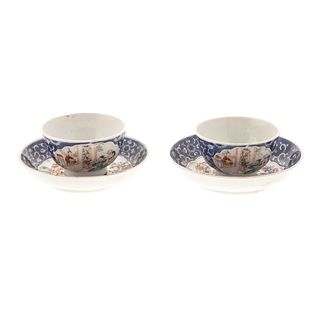 Pair Chinese Export Mandarin Tea Bowls & Saucers
