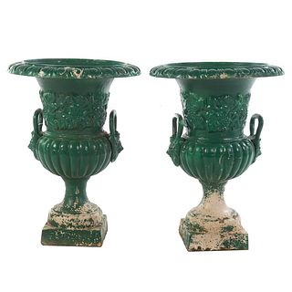 Pair Victorian Cast Iron Garden Urns