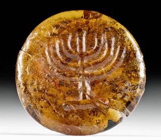 Late Roman / Byzantine Jewish Glass Amulet w/ Menorah