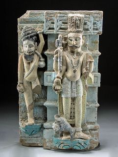 19th C. Indian Polychrome Stone Temple Relief Panel