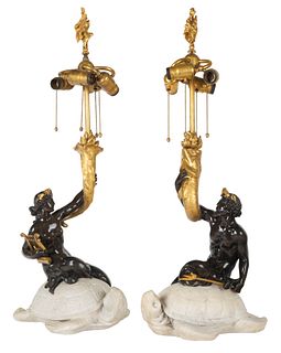 A PAIR OF EXCEPTIONAL AMERICAN BRONZE AND MARBLE LAMP BASES, E.F. CALDWELL & CO., NEW YORK, CIRCA 1915