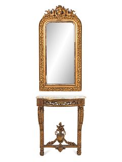 A Continental Giltwood Mirror and Associated Marble-Top Console Table