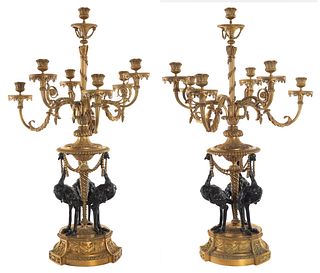 A PAIR OF FRENCH LOUIS XVI STYLE ORMOLU 'CANDELABRES-GIRANDOLES AUX AUTRUCHES' AFTER FRANCOIS REMOND (FRENCH 1747-1812), THIRD QUARTER OF 19TH CENTURY