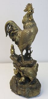 Antique Bronze Sculpture Of A Rooster And Chicks.