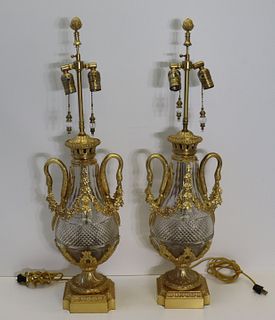 Fine Quality Pair Of Gilt Bronze & Cut Glass Lamps