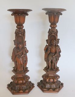 Pair Of Antique Finely Carved Figural Wood
