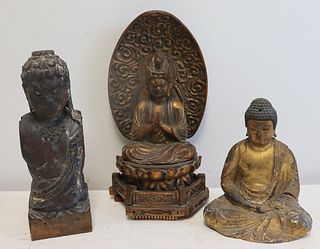 3 Antique Carved And Gilt Japanese Buddhas .