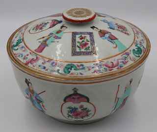 19th C Famille Rose Covered Bowl with Figures.