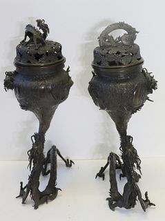 Magnificent Pair of Japanese Bronze Burners.