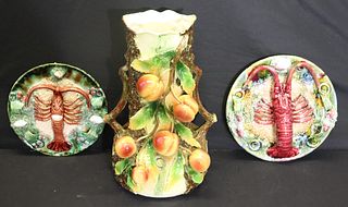 Majolica Lot Of 2 Lobster Plates and A Tree vase.