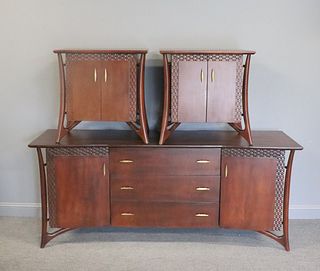Midcentury Dresser & End Tables With Brass Accents