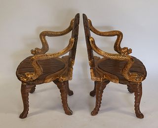 Pair Of Carved Italian Grotto Chairs With Dolphin