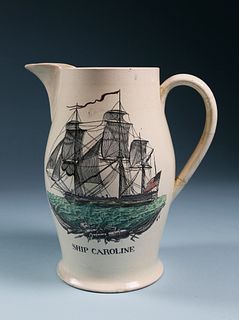 Creamware Liverpool Jug of the American "Ship Caroline", circa 1800