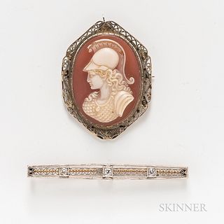 14kt Bicolor Gold and Diamond Bar Brooch and 14kt White Gold and Shell Cameo Brooch