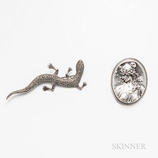 Sterling Silver and Marcasite Lizard Brooch and a Silver Figural Pendant/Brooch