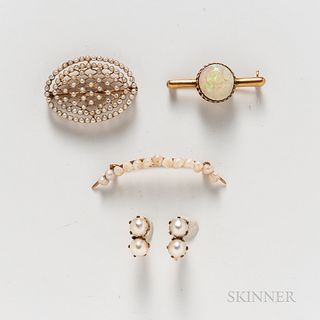 Three 14kt Gold Brooches and a Pair of Gold-filled and Cultured Pearl Earclips