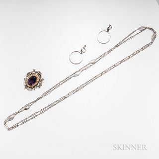 Silver and Amethyst Renaissance Revival Brooch, a Pair of Danish Hoop Earclips, and a Long Silver Chain