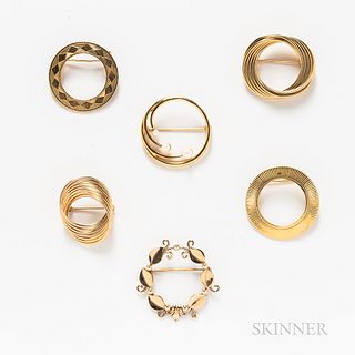 Six Gold-plated Costume Circle Brooches