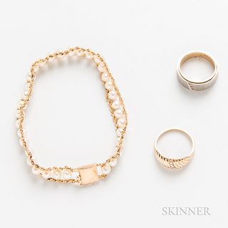 Two 14kt Gold and Diamond Rings and a 14kt Gold and Cultured Pearl Bracelet