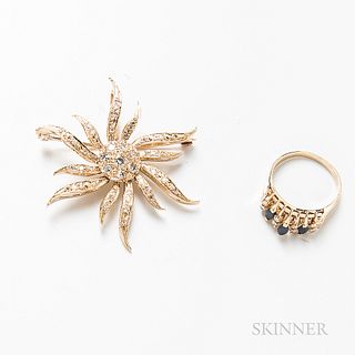 14kt Gold and Diamond Sunburst Brooch and a 14kt Gold, Sapphire, and Diamond Ring