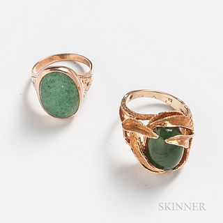 Two 14kt Gold and Green Hardstone Rings