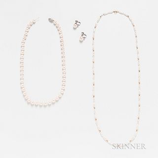 Cultured Pearl Necklace, a Pair of Cultured Pearl and Diamond Earclips, and a Freshwater Pearl Necklace