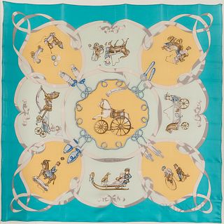 Framed Hermes "Les Jouets Mobiles" Turquoise and Yellow Silk Scarf