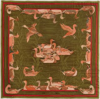 Framed Hermes "La Mare aux Canards" Green and Pink Silk Scarf