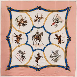 Framed Hermes "Ecole Francaise d'Equitation" Pink and Blue Silk Scarf