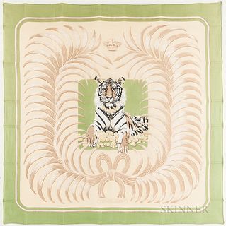 Framed Hermes "Tigre Royal" Green Silk Scarf