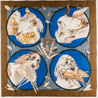 Framed Hermes "Chiens au Rapport" Brown and Blue Silk Scarf