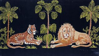 Scenic Lion and Tiger Wool Prickwork Embroidery on Velvet, late 19th Century