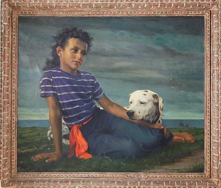Elmer Wesley Greene Jr. Oil on Canvas "Portrait of a Young Girl and Her Dog"