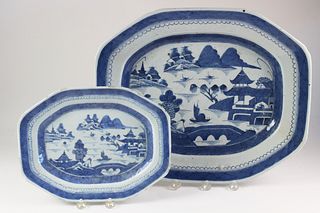 Two Blue and White Canton Platters, 19th Century