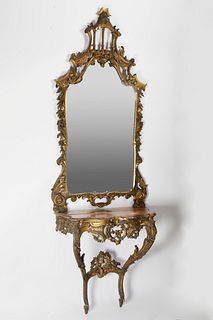 Louis XV Carved and Giltwood Mirror and Companion Serpentine Console Table, mid 18th Century