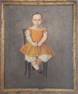 American School Oil on Canvas "Portrait of a Seated Child Holding an Apple", mid 19th Century