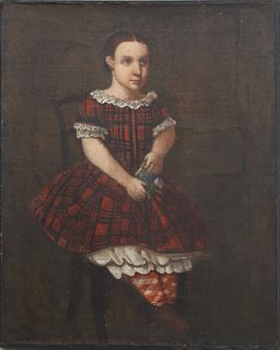 American School Oil on Canvas "Portrait of a Seated Child Holding Book and Rose", mid 19th Century