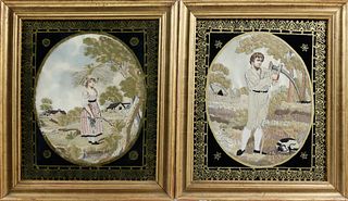 Pair of English Regency Silk and Silver Thread Embroideries on Silk "The Wheat Harvest", circa 1820