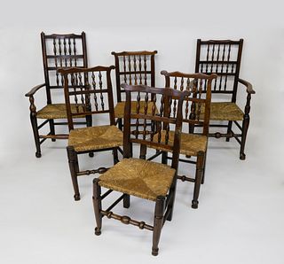 Set of Six Lancashire Spindle-back Dining Chairs, 18th Century