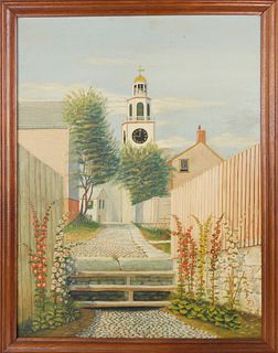 Lincoln J. Ceely Oil on Masonite "Hollyhock Along Stone Alley"