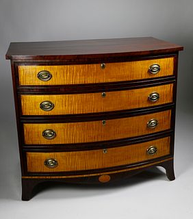 American Tiger Maple and Mahogany Bow Front Chest of Drawers, circa 1810