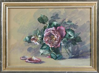 Anne M. Ramsdell Watercolor on Paper "Pink Rose in a Glass Vase Still Life"