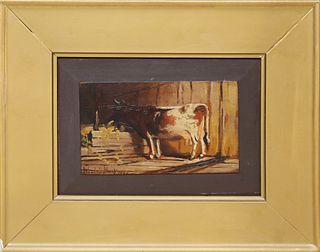 Wendell Macy Oil on Door Panel "Cow Grazing in the Barn"