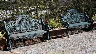 Pair of English Wrought Iron Royal Crown Garden Benches