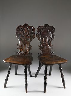 Pair of Continental Carved Oak Tavern Chairs Made for the American Market, circa 1880