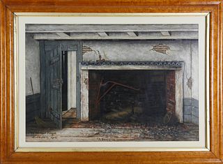 Scarce James Walter Folger Gouache And Watercolor Nantucket Interior Scene "A Deserted Hearthstone"