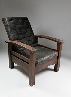 Gustav Stickley Reverse Tapered Bow-Arm Morris Chair, Craftsman Workshops of Gustav Stickley, Eastwood, New York, circa 1901