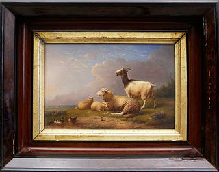 Franz Van Severdonck Oil on Wood Panel "Sheep and Ducks"