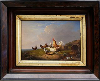Franz Van Severdonck Oil on Wood Panel Chickens and Ducks Feeding"
